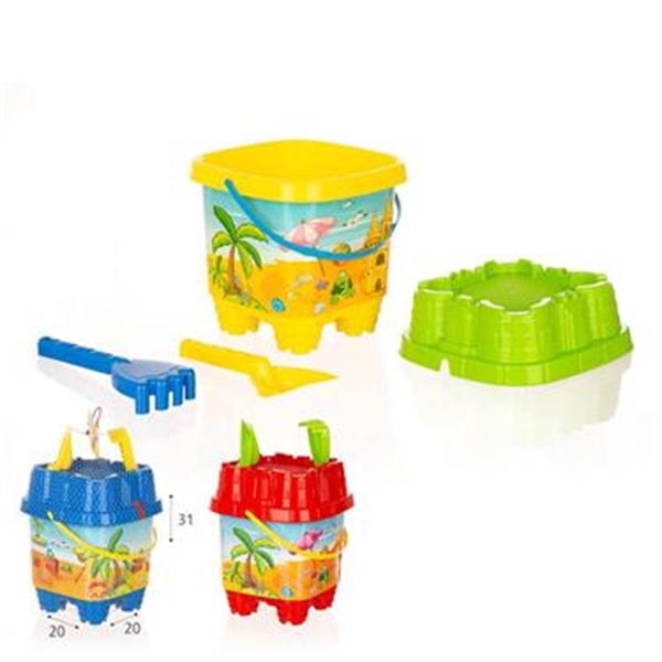 כלי חול טירה מצוייר עם כף ומגרפה